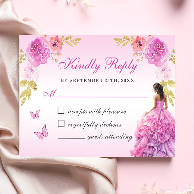 Elegant Blush Pink Floral Quinceañera RSVP Card (Creator Uploaded)