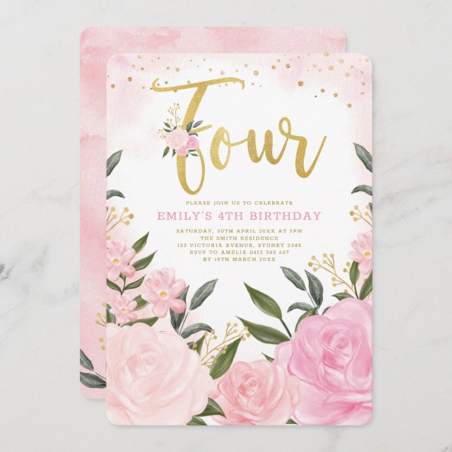 Elegant Blush Pink Floral Roses Girl 4th Birthday Invitation (Front/Back)