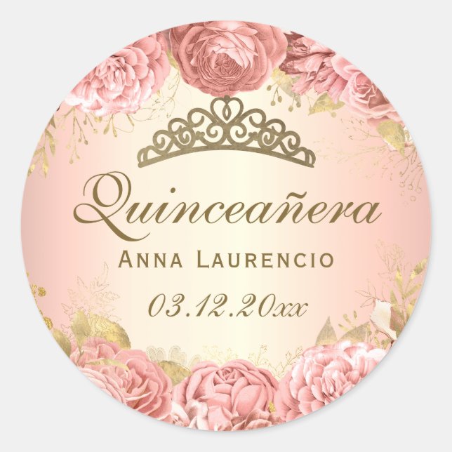 Elegant Blush Pink Floral Roses Quinceanera Classic Round Sticker (Front)