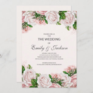 Elegant Blush Pink Floral Roses Wedding Invitation