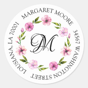 Elegant Blush Pink Floral Script Monogram Address Classic Round Sticker