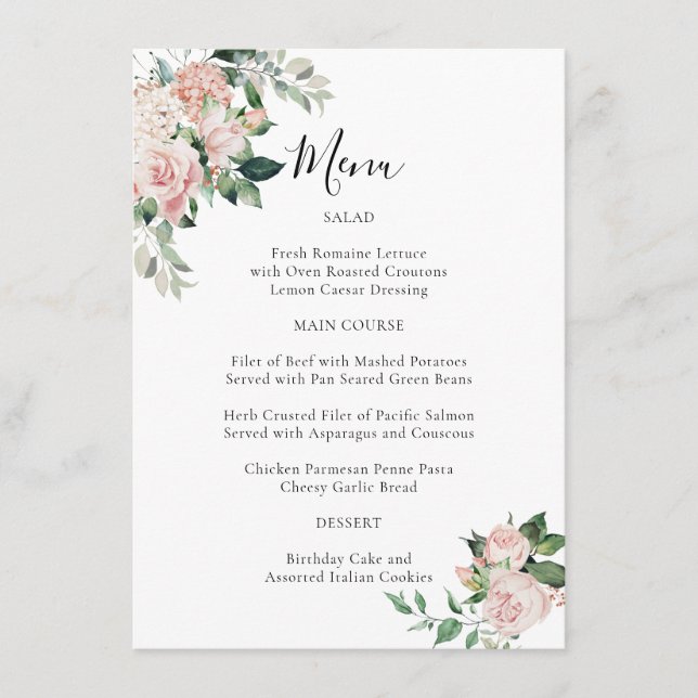 Elegant Blush Pink Floral Special Occasion Menu (Front)