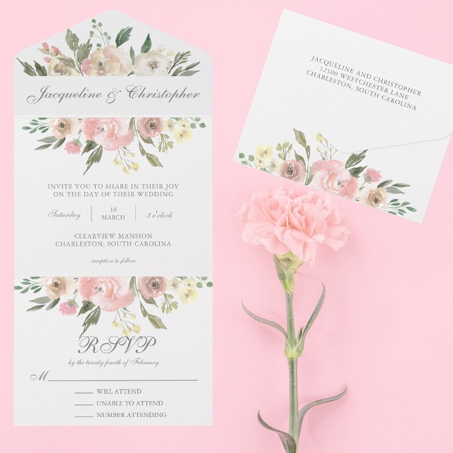 Elegant Blush Pink Floral Spring Garden Wedding All In One Invitation (Creator Uploaded)