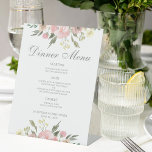 Elegant Blush Pink Floral Spring Wedding Dinner Pedestal Sign<br><div class="desc">A beautiful blush pink peony and ivory floral dinner menu pedestal sign for your spring or garden wedding. This elegant event menu is decorated with a romantic bouquet of watercolor flowers bordering the top and bottom. Fill with your appetizers,  entree choices,  and dessert. Customise in antique script.</div>