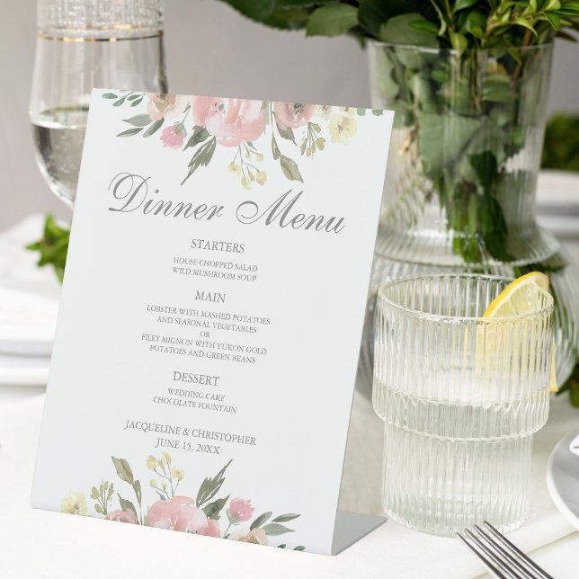 Elegant Blush Pink Floral Spring Wedding Dinner Pedestal Sign (Creator Uploaded)