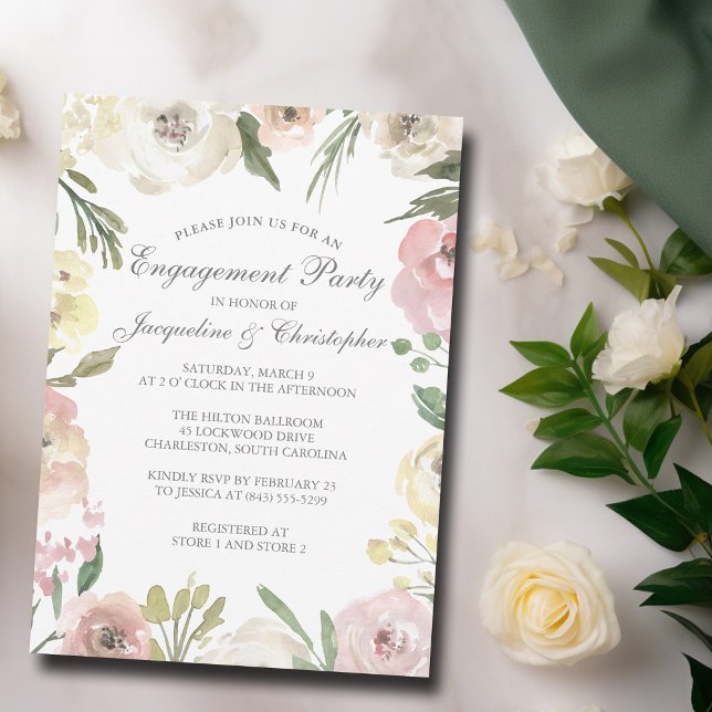 Elegant Blush Pink Floral Summer Engagement Party Invitation (Creator Uploaded)