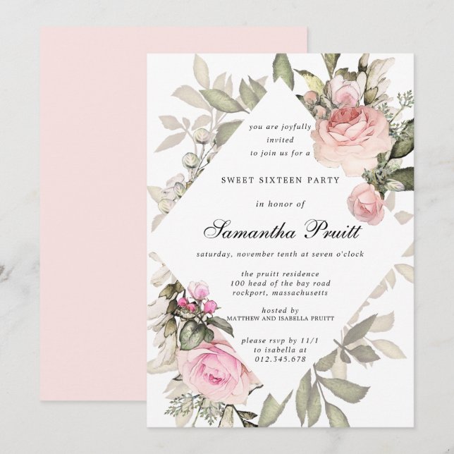 Elegant Blush Pink Floral Sweet 16 Invitation (Front/Back)