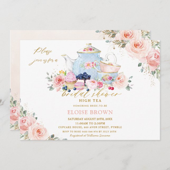 Elegant Blush Pink Floral Tea Party Bridal Shower Invitation (Front/Back)