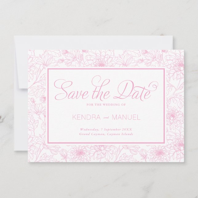 Elegant Blush Pink Floral Toile Wedding Save The Date (Front)
