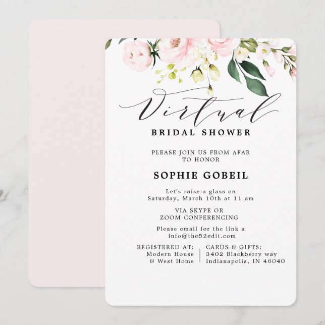Elegant Blush Pink  Floral VIRTUTAL Bridal Shower Invitation (Front/Back)