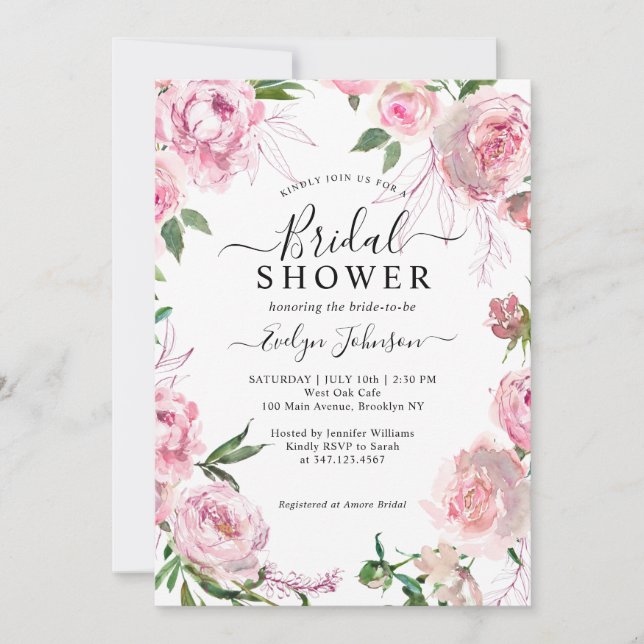 Elegant Blush Pink Floral Watercolor Bridal Shower Invitation (Front)