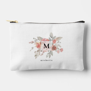 Elegant Blush Pink Floral Watercolor Monogram Accessory Pouch