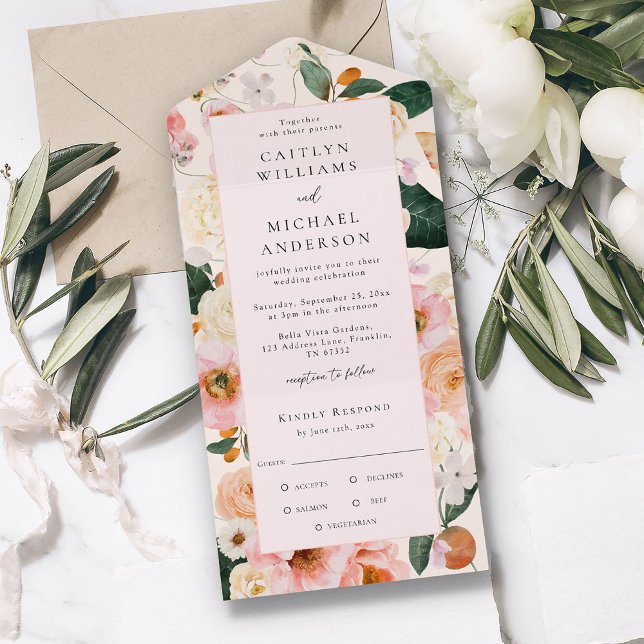 Elegant Blush Pink Floral Wedding All In One Invitation (Creator Uploaded)