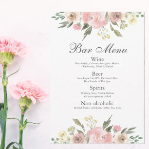 Elegant Blush Pink Floral Wedding Bar Drinks Menu