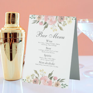 Elegant Blush Pink Floral Wedding Bar Menu
