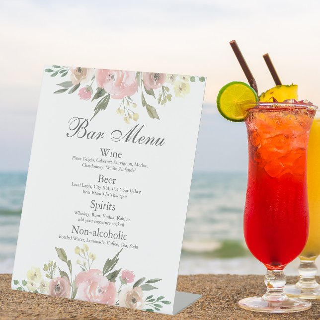 Elegant Blush Pink Floral Wedding Bar Menu Pedestal Sign (Creator Uploaded)