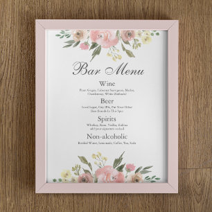 Elegant Blush Pink Floral Wedding Bar Menu Poster