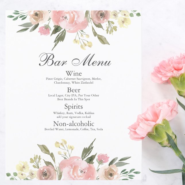 Elegant Blush Pink Floral Wedding Bar Paper Menu (Creator Uploaded)