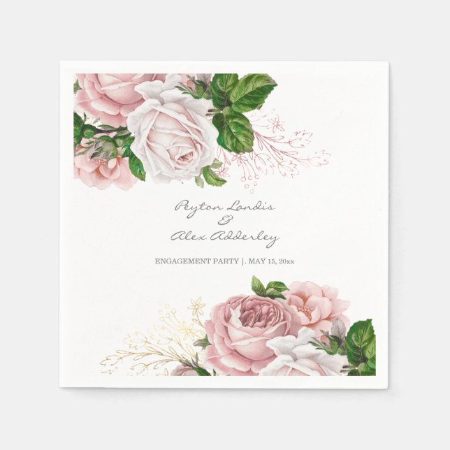 Elegant Blush Pink Floral Wedding Engagement Names Napkin (Front)