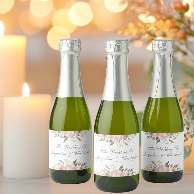 Elegant Blush Pink Floral Wedding Favour Mini Sparkling Wine Label (Creator Uploaded)
