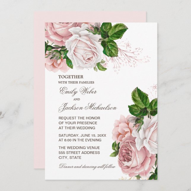Elegant Blush Pink Floral Wedding Invitation (Front/Back)