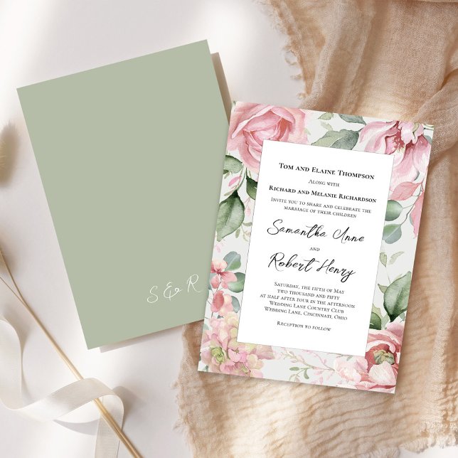 Elegant Blush Pink Floral Wedding Invitation (Elegant blush pink floral with save green background wedding invitations. )