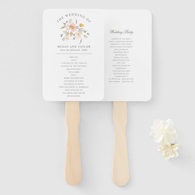 Elegant Blush Pink Floral Wedding Program Hand Fan (Front and Back)