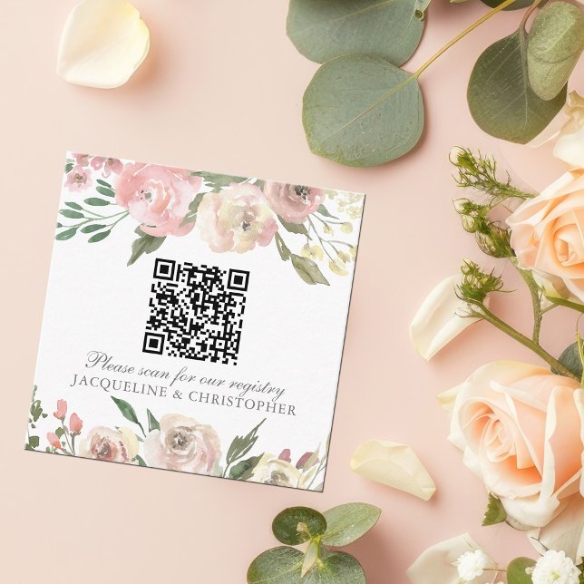 Elegant Blush Pink Floral Wedding Registry QR Code Enclosure Card (Creator Uploaded)