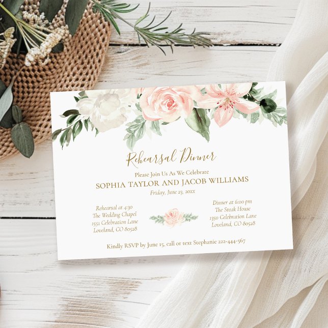 Elegant Blush Pink Floral Wedding Rehearsal Dinner Invitation (Creator Uploaded)