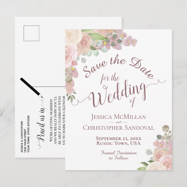 Elegant Blush Pink Floral Wedding Save the Date Announcement Postcard (Front/Back)