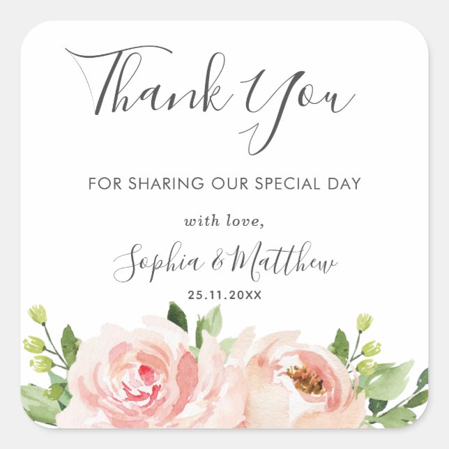 Elegant Blush Pink Floral Wedding Thank You Favor Square Sticker (Front)