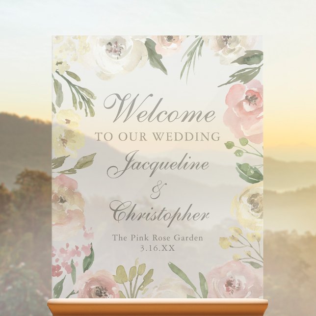 Elegant Blush Pink Floral Welcome to our Wedding Acrylic Sign (Creator Uploaded)