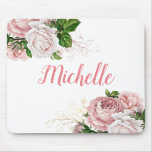 Elegant Blush Pink Floral White Mouse Pad