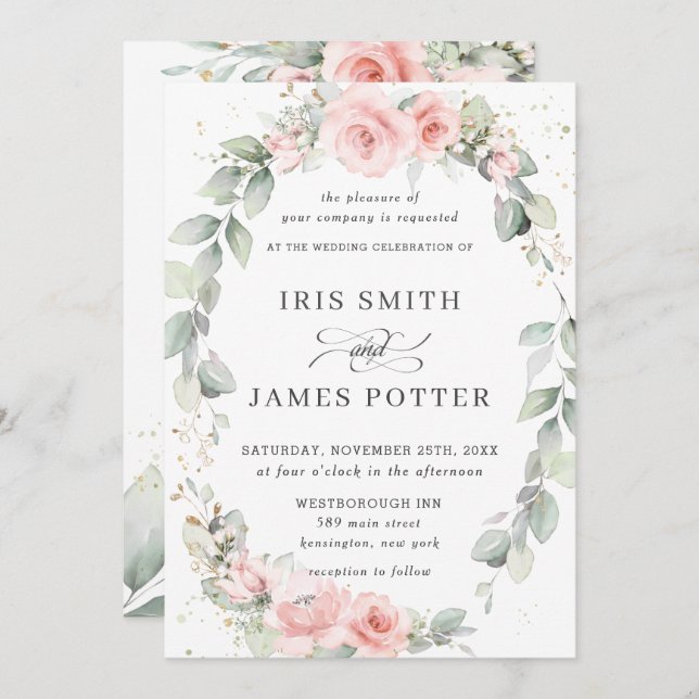Elegant Blush Pink Floral Wreath Leafy Wedding Invitation (Front/Back)