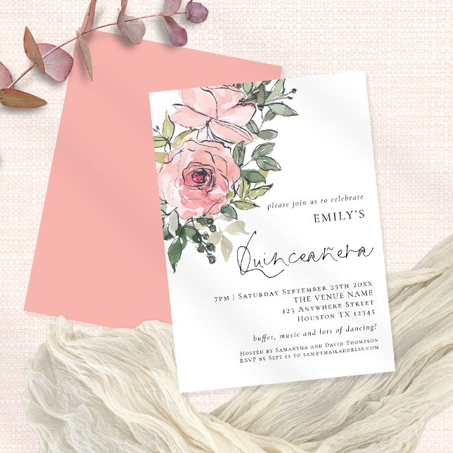Elegant Blush Pink Florals Quinceañera 15th Party Invitation (Creator Uploaded)