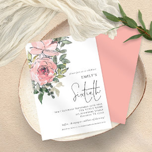 Elegant Blush Pink Florals Sixtieth Birthday Party Invitation