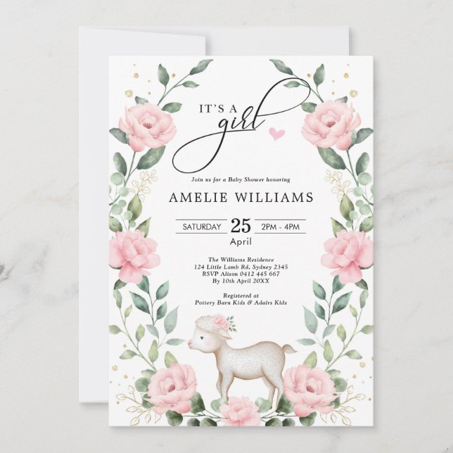 Elegant Blush Pink Flower Lamb Girl Baby Shower Invitation (Front)