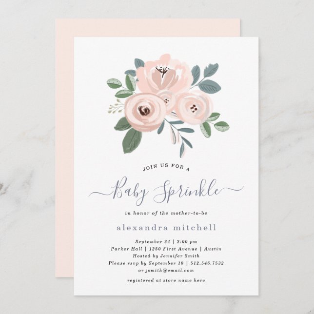 Elegant Blush Pink Flowers | Baby Sprinkle Invitation (Front/Back)