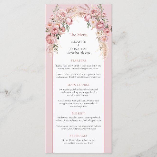 Elegant blush pink flowers boho arch pampas menu (Front)