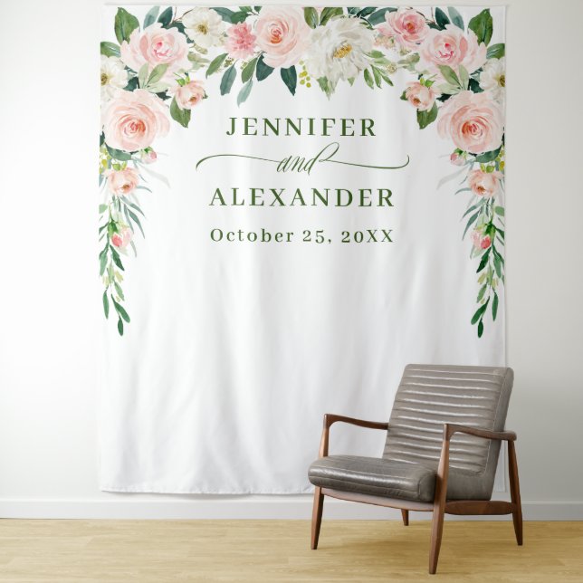 Elegant Blush Pink Flowers Boho Wedding Backdrop Tapestry (In Situ)