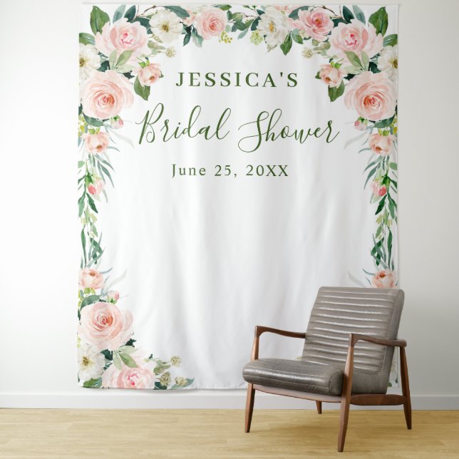 Elegant Blush Pink Flowers Bridal Shower Backdrop Tapestry (In Situ)