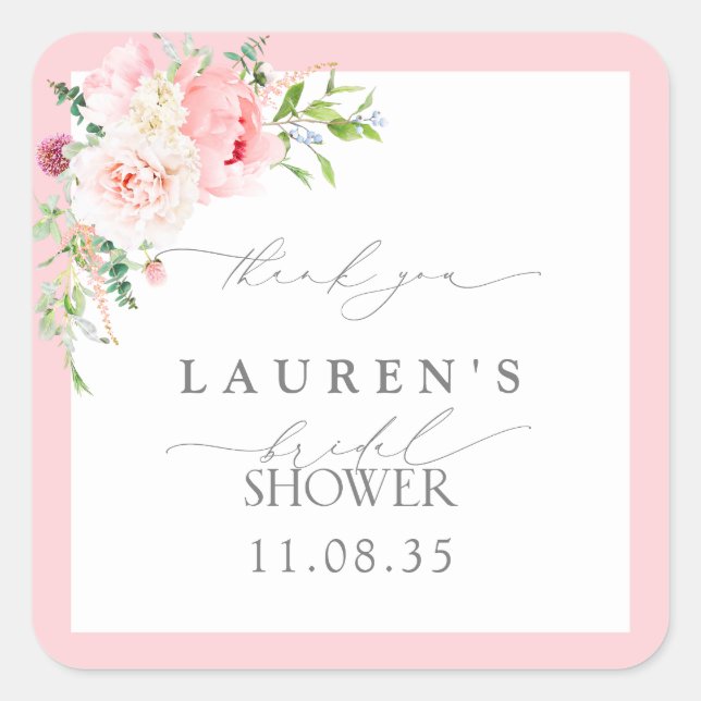 Elegant Blush Pink Flowers Bridal Shower Thank You Square Sticker (Front)