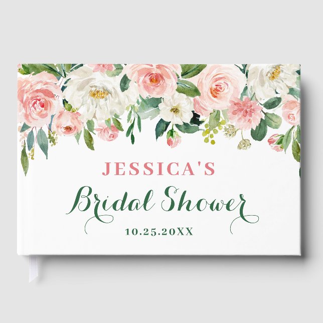 Elegant Blush Pink Flowers Floral Bridal Shower Guest Book (Front)