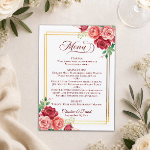 Elegant Blush Pink Flowers Gold Frame Wedding Menu