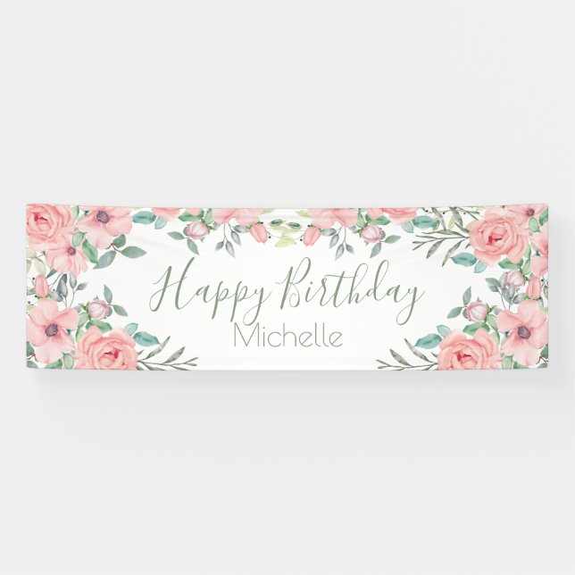 Elegant Blush Pink Flowers Happy Birthday  Banner (Horizontal)