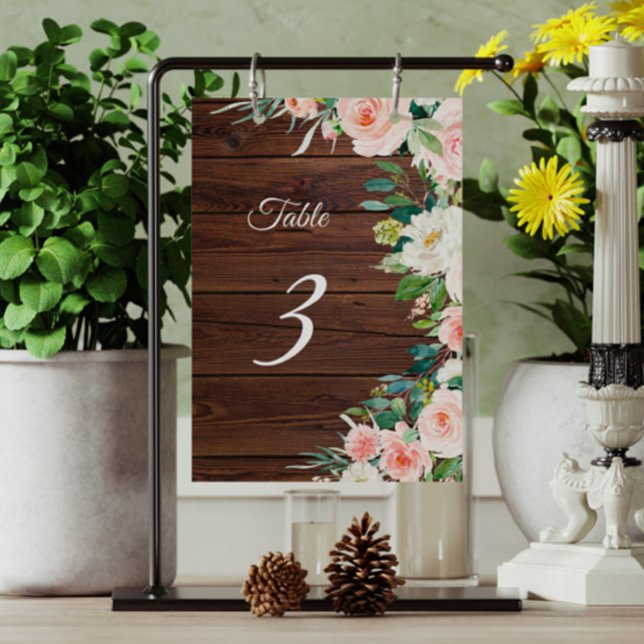 Elegant Blush Pink Flowers Rustic Wood Table Number (Creator Uploaded)