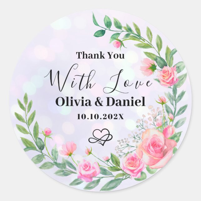Elegant Blush Pink Flowers Thank You Wedding Classic Round Sticker (Front)