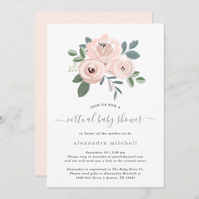 Elegant Blush Pink Flowers | Virtual Baby Shower Invitation (Front/Back)