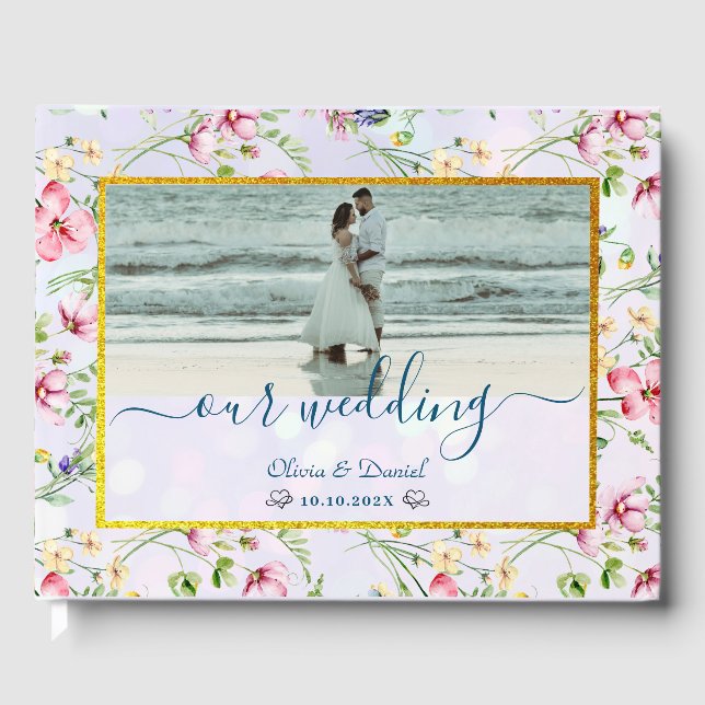 Elegant Blush Pink Flowers Watercolor Wedding Guest Book (Front)