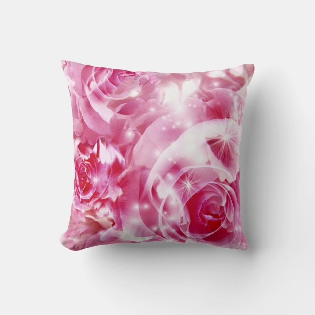 Elegant blush pink fuchsia white glam rose floral cushion (Front)